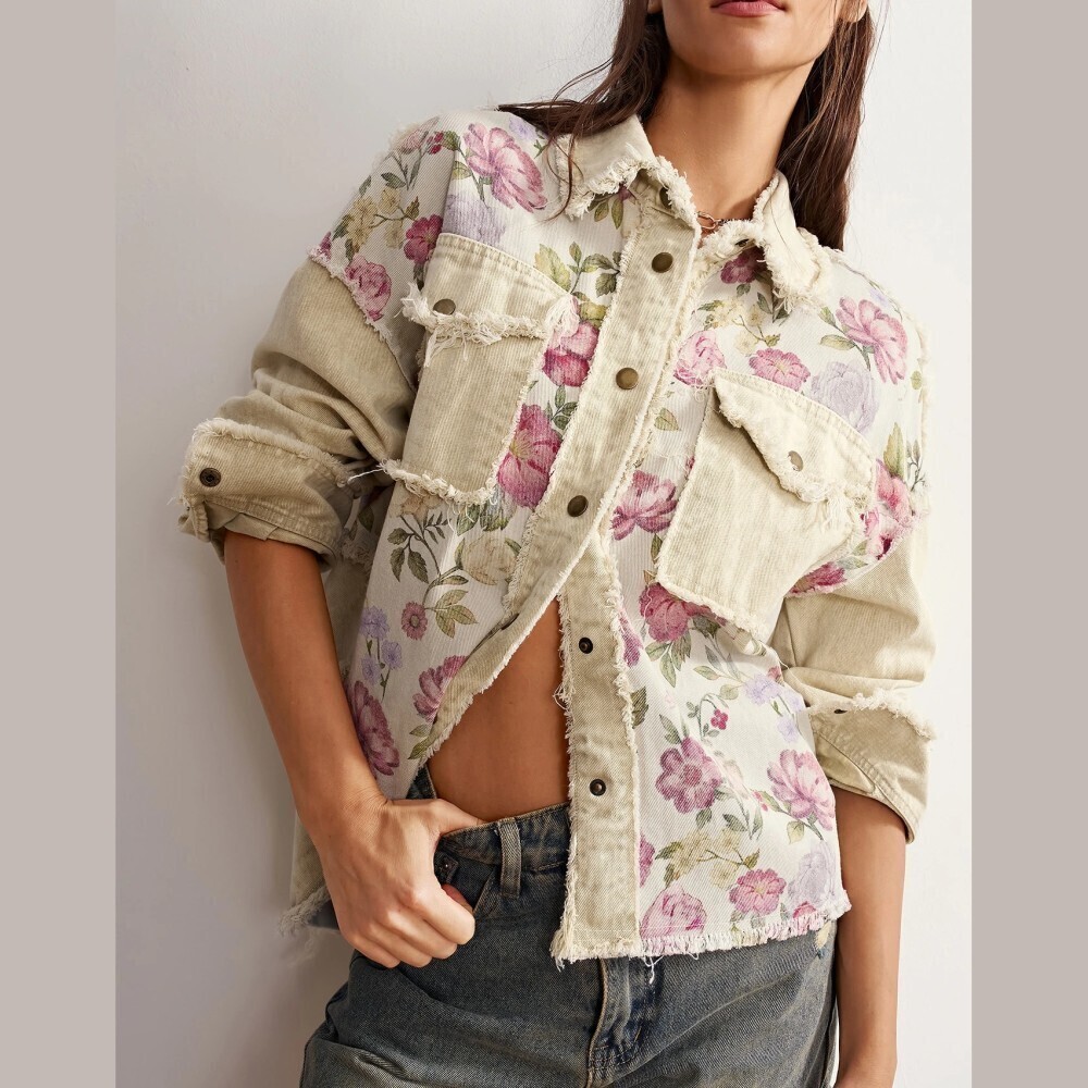 Cream Floral Print Frayed Trim Snap Front Denim Shirt Jacket Shacket